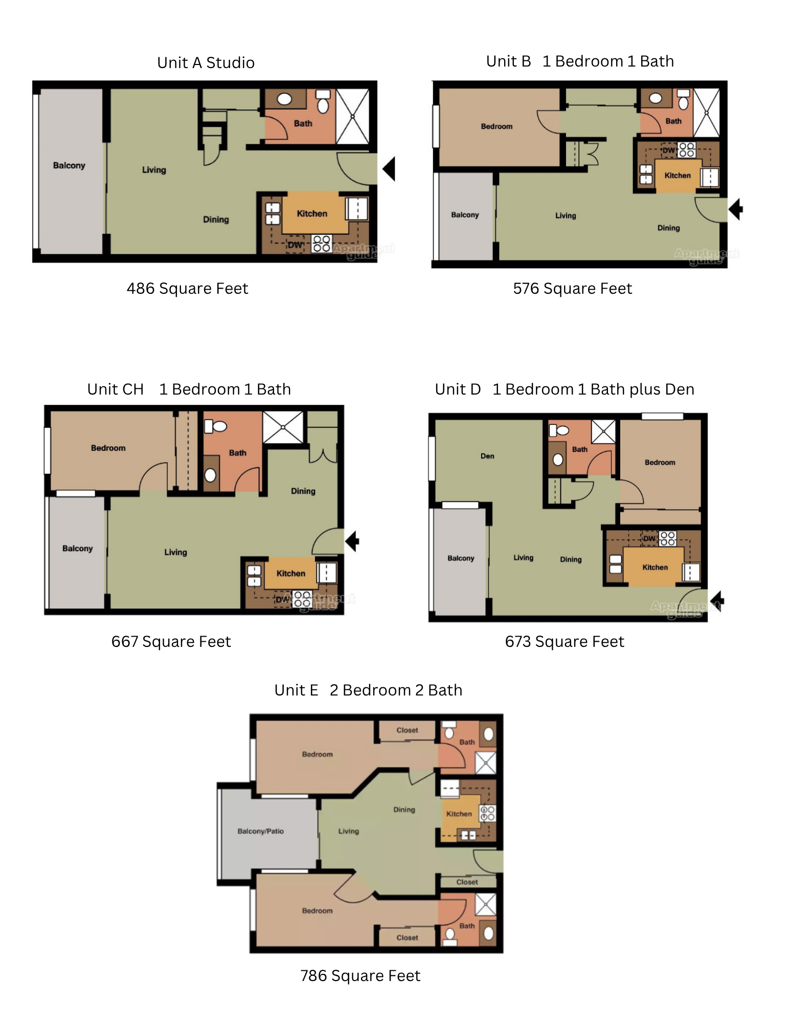 Huntington Breeze floor plans — Units A through E